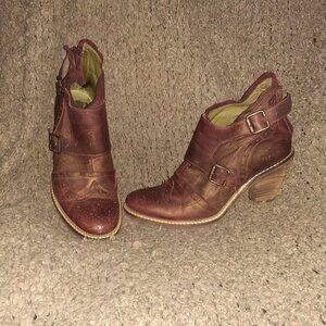 DKODE-Daphne-Brick Red/Bronze Shimmer Leather-Back Zip-Dbl Monk Strap-Sz 39-EX